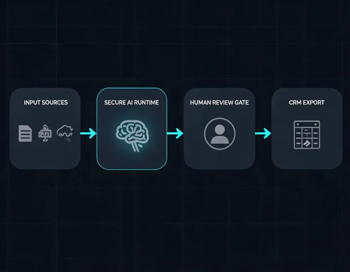 Agent integration architecture with inputs, runtime and reviewed outputs